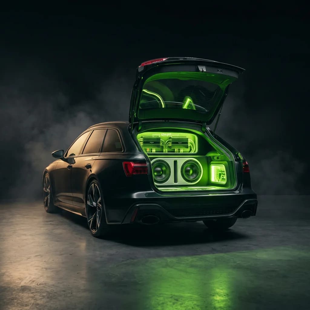 Sportkombi mit offener Heckklappe und Showcar-Build im Kofferraum — Subwoofer-Wand mit neongrüner Akzentbeleuchtung