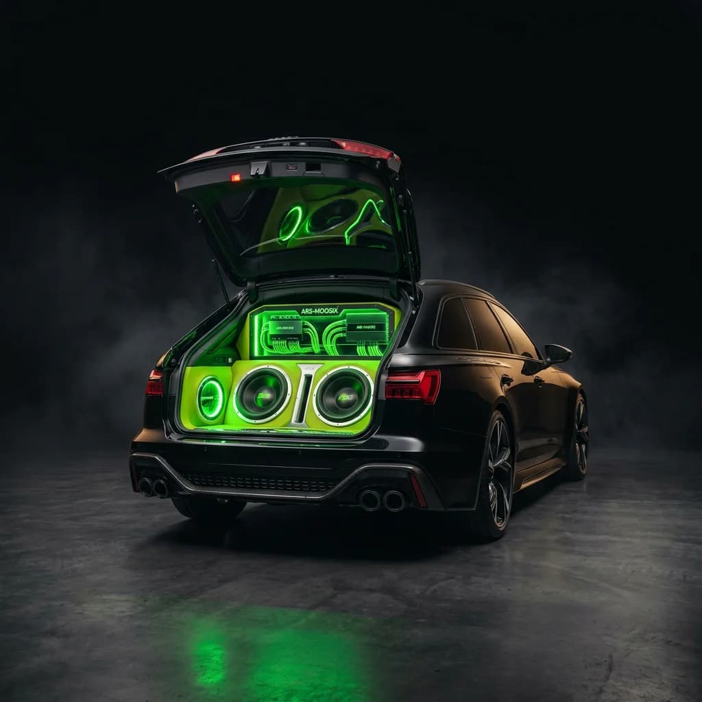 Showcar-Build im Kofferraum eines Sportkombis — Subwoofer-Wand mit neongrüner Akzentbeleuchtung im ARS:MOOSIX Stil